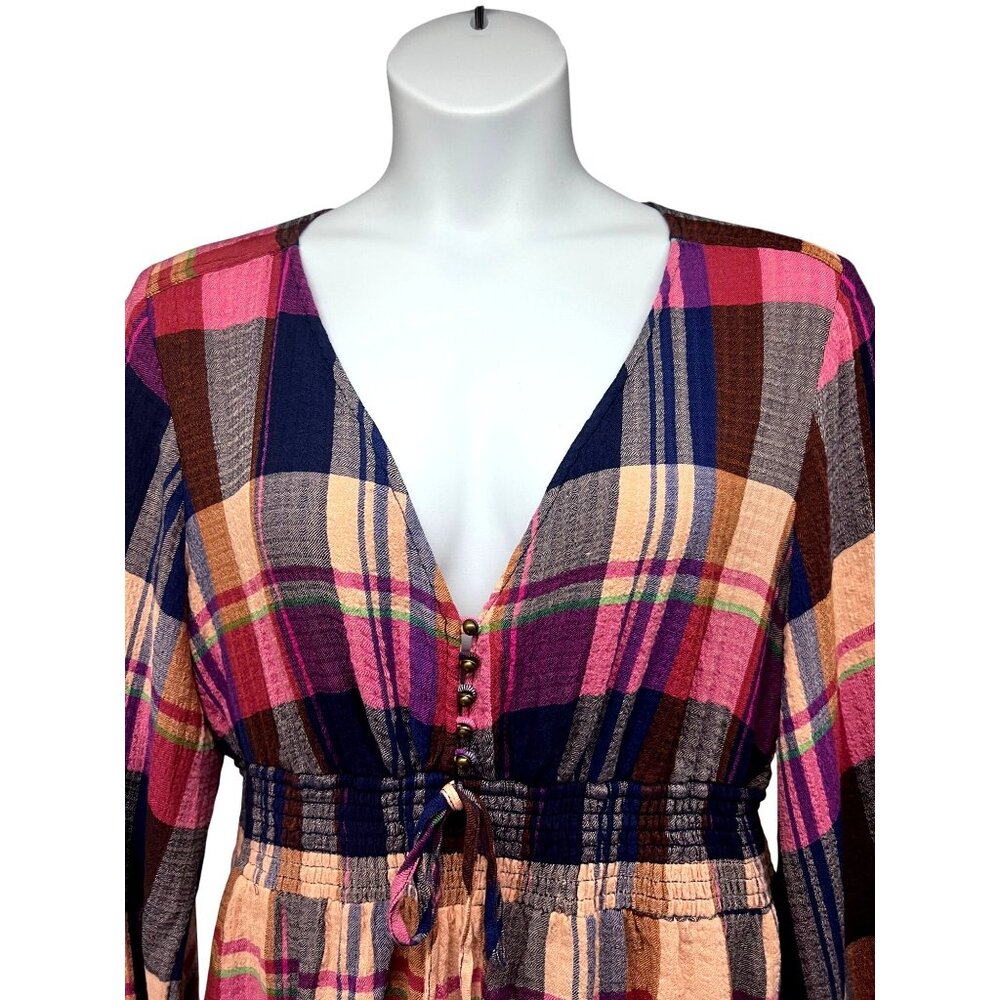 Anthropologie Pilcro The Rory Puff Sleeve Smocked V-Neck Plaid Boho Top Shirt XL - Picture 4 of 10